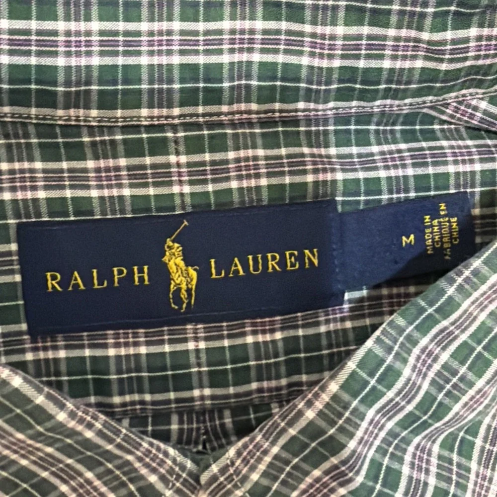 Polo Ralph Lauren Shirt Mens Medium Green Blue Plaid Classic Fit Button Down